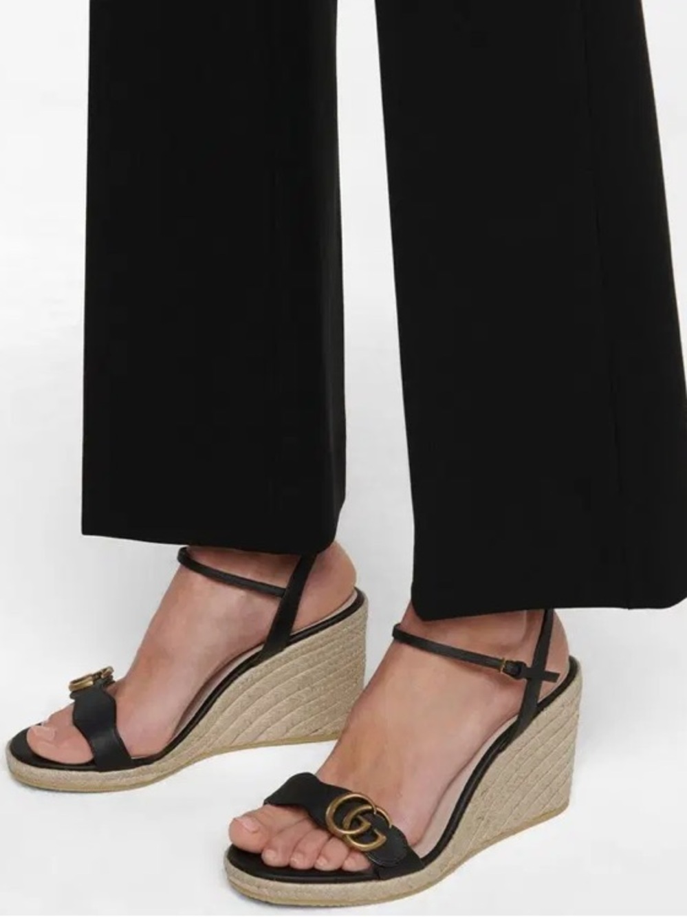 NIB Gucci Aitana Black Leather Espadrille Wedge Sandals w Gold GG Size 4.5/ 34.5